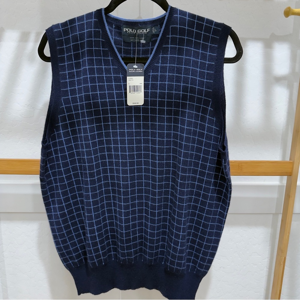 100% Cashmere Ralph Lauren Polo Golf Navy Checkered Sweater Vest